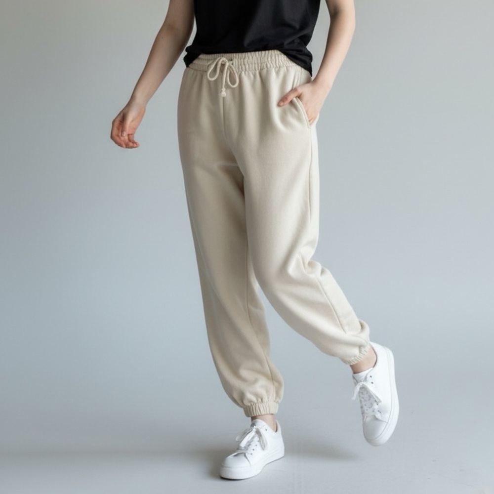 Zara Plush Jogging Pants Cream & Drawstring Waistband, Pockets Fluid Size Large